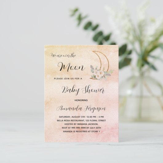 Baby shower Moon blush roos Gold girl Uitnodiging Briefkaart (Staand voorkant)