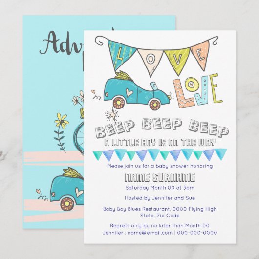 Baby shower motorrijden onder vlaggen kaart (Voorkant / Achterkant)
