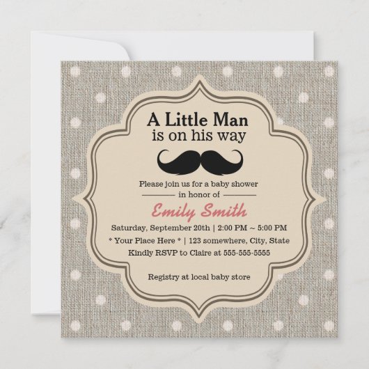 baby shower Mustache Boy Rustic Polka Dots Kaart (Voorkant)