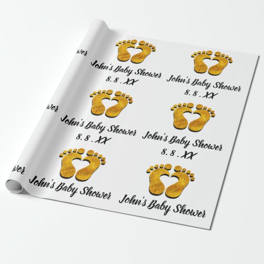 Baby shower Naam Datum Feet-hart Zwart-wit Gold Cadeaupapier (Uitgerold)