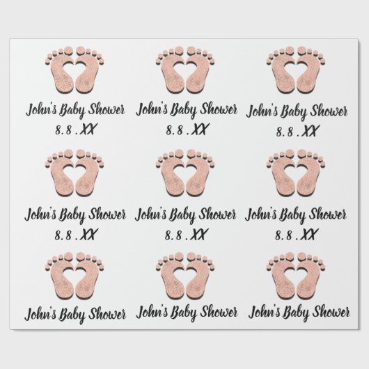 Baby shower Naam Datum Feet hart Zwart wit Roos Cadeaupapier (Vlak)