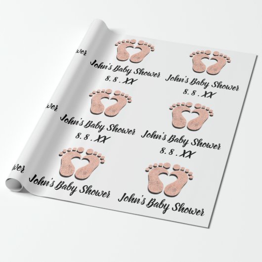 Baby shower Naam Datum Feet hart Zwart wit Roos Cadeaupapier (Uitgerold)