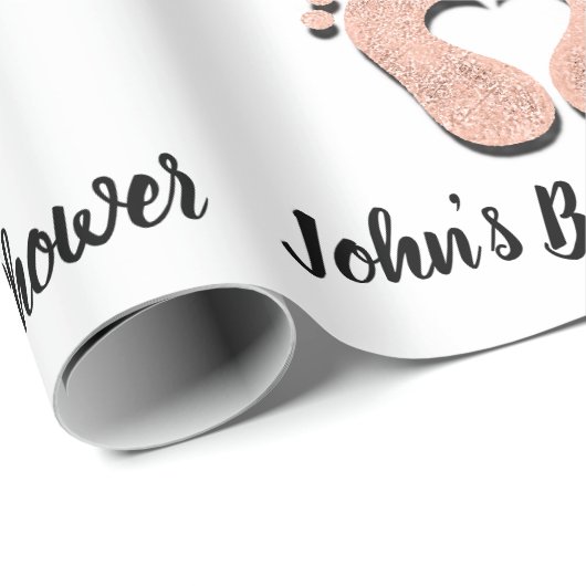 Baby shower Naam Datum Feet hart Zwart wit Roos Cadeaupapier (Rol Hoek)