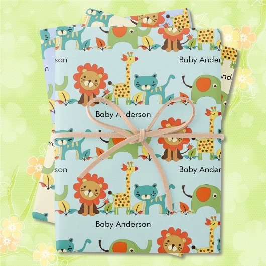Baby shower Naam Leon Giraffe Elephant 3 Inpakpapier Vel