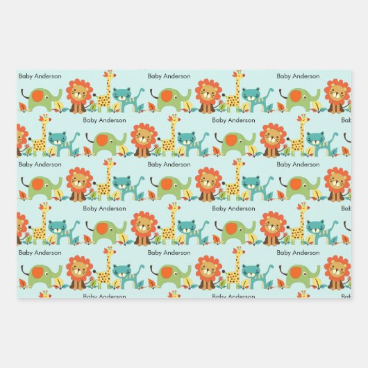Baby shower Naam Leon Giraffe Elephant 3 Inpakpapier Vel (Voorkant)