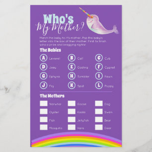 Baby shower narwhal woord zoeken match spel flyer