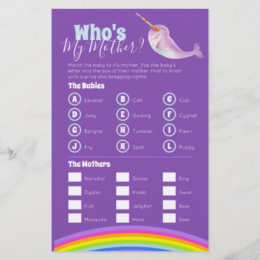 Baby shower narwhal woord zoeken match spel flyer (Achterkant)