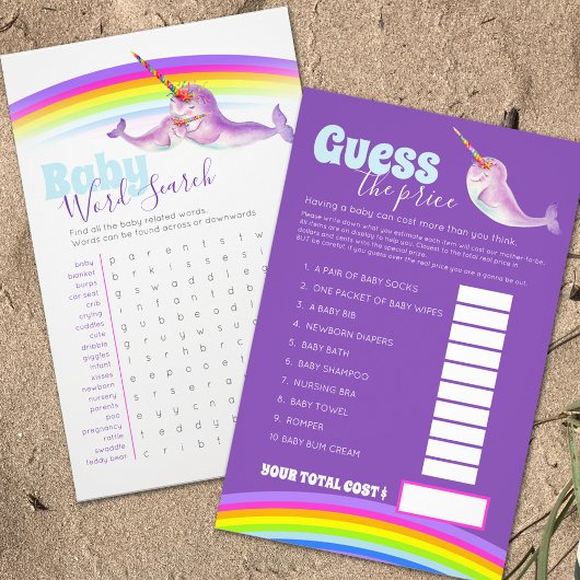 Baby shower narwhal woord zoeken prijs gokken spel flyer