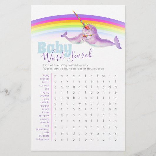 Baby shower narwhal woord zoeken prijs gokken spel flyer (Voorkant)