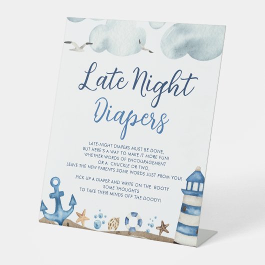 Baby shower Nautical Late Night Diapers Sign Reclamebord Met Voetstuk (Voorkant)