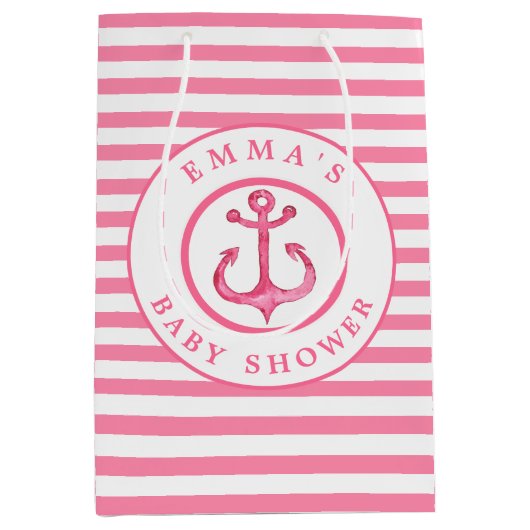 Baby shower Nautical Pink Anchor Striped Gift Bag Medium Cadeauzakje (Voorkant)