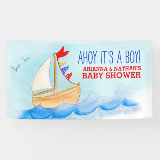 Baby shower nautische zeilboot blauw rood op maat spandoek (Horizontaal)