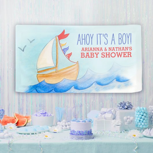 Baby shower nautische zeilboot blauw rood op maat spandoek