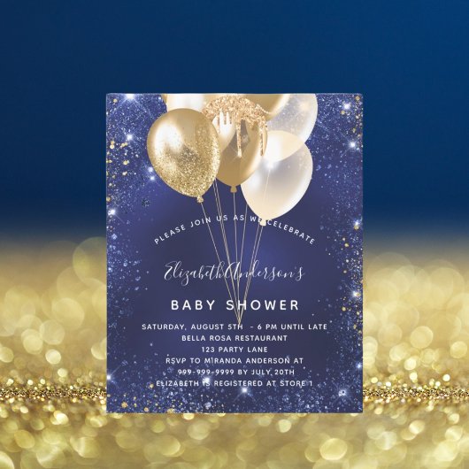 Baby shower Navy Blue Gold Balloons Uitnodiging
