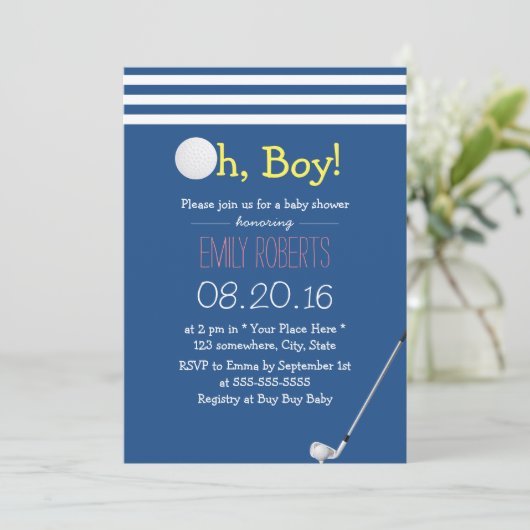 Baby shower Navy Blue Stripes Golf Boy Kaart (Staand voorkant)