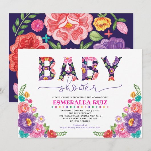 Baby shower Navy Pink Mexican Fiesta Flower Kaart (Voorkant / Achterkant)