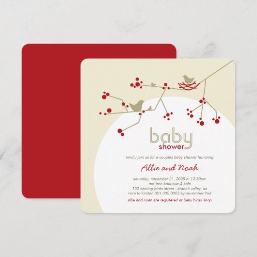 Baby shower nestende vogelfamilie - boomparen kaart (Voorkant / Achterkant)