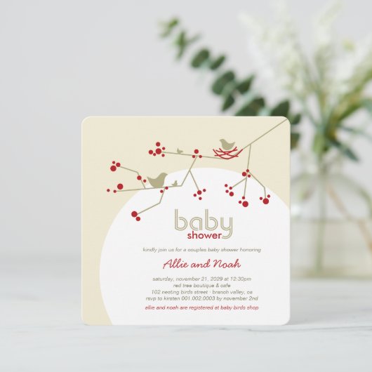 Baby shower nestende vogelfamilie - boomparen kaart (Staand voorkant)