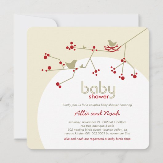 Baby shower nestende vogelfamilie - boomparen kaart (Voorkant)