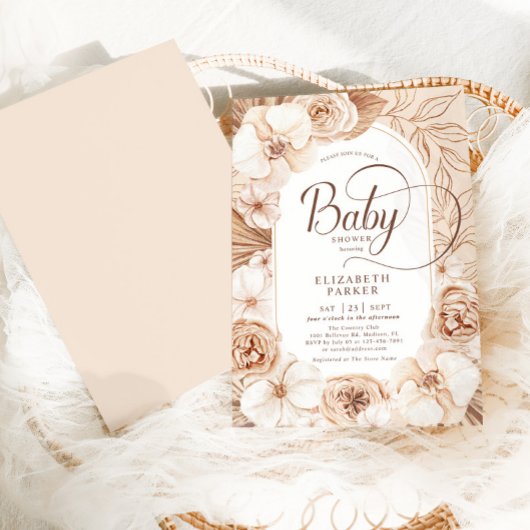 Baby shower Neutral Mocha Gold Floral Kaart