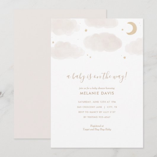 Baby shower Neutrale Waterverf wolken en sterren Kaart (Voorkant / Achterkant)