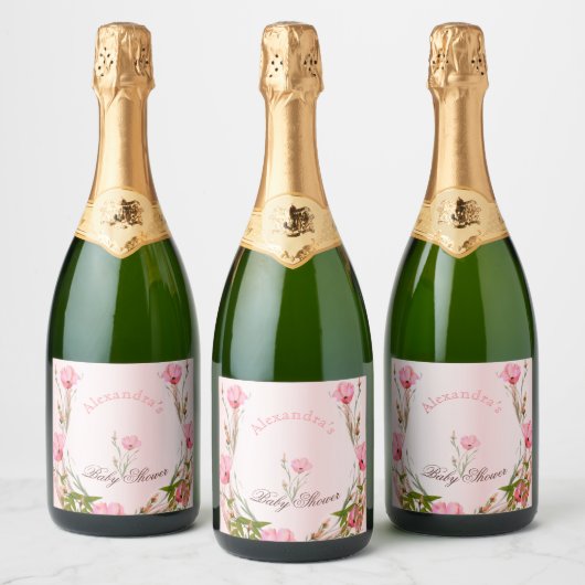 Baby shower nieuwe babyroze Floral Sparkling Wijnetiket (Flessen)