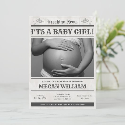 Baby shower nieuws papier foto kaart (Staand voorkant)