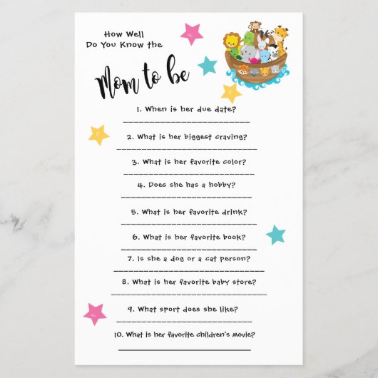 Baby shower Noah's Ark Hoe goed je de kaart kent (Voorkant)