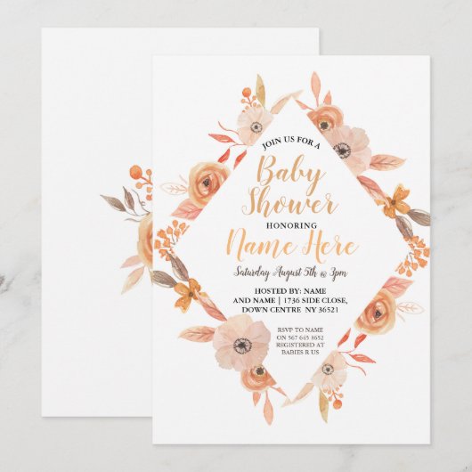 Baby shower Nodig Autumn Herfst Auburn Floral uit Kaart (Voorkant / Achterkant)