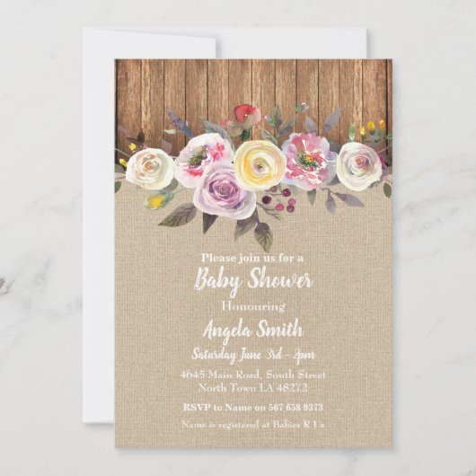 Baby shower Nodig Burlap Wood Floral Rustic Party  Kaart (Voorkant)