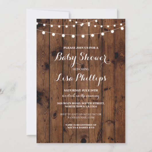 Baby shower Nodig Wood Rustic Lights Couple Party  Kaart (Voorkant)
