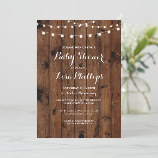 Baby shower Nodig Wood Rustic Lights Couple Party  Kaart (Staand voorkant)