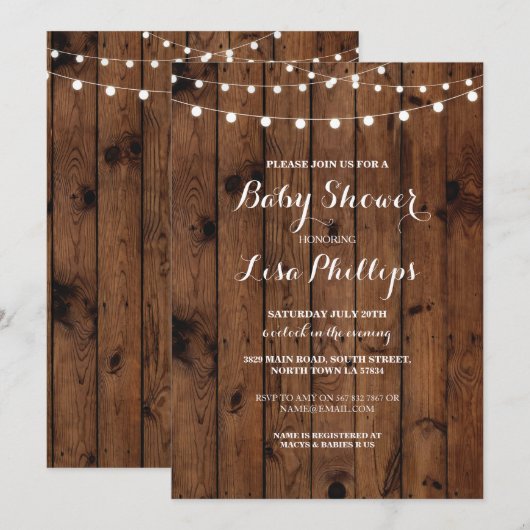 Baby shower Nodig Wood Rustic Lights Couple Party  Kaart (Voorkant / Achterkant)