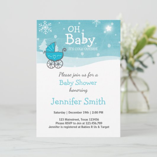 Baby shower nodigen Boy Winter koud buiten Blauw Kaart (Staand voorkant)