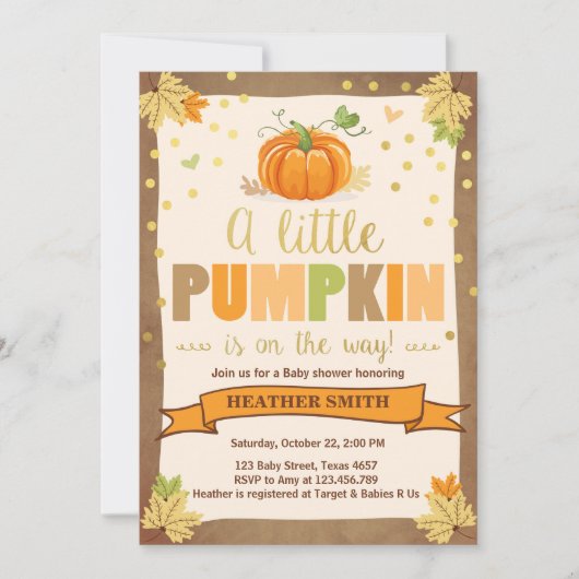 Baby shower nodigen Little Pumpkin Herfst uit in L Kaart (Voorkant)