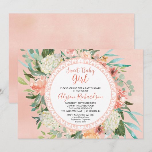 Baby shower nodigmeisje perziken crème grienery kaart (Voorkant / Achterkant)