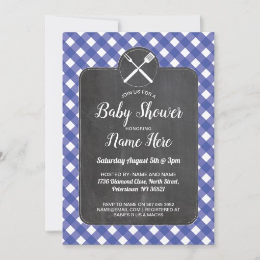 baby shower nodigt Blue Gingham Chalk BBQ Style ui Kaart (Voorkant)