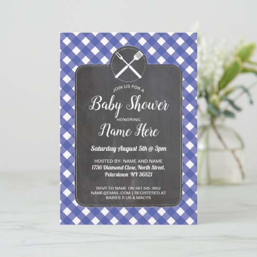 baby shower nodigt Blue Gingham Chalk BBQ Style ui Kaart (Staand voorkant)