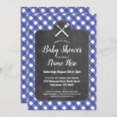 baby shower nodigt Blue Gingham Chalk BBQ Style ui Kaart (Voorkant / Achterkant)