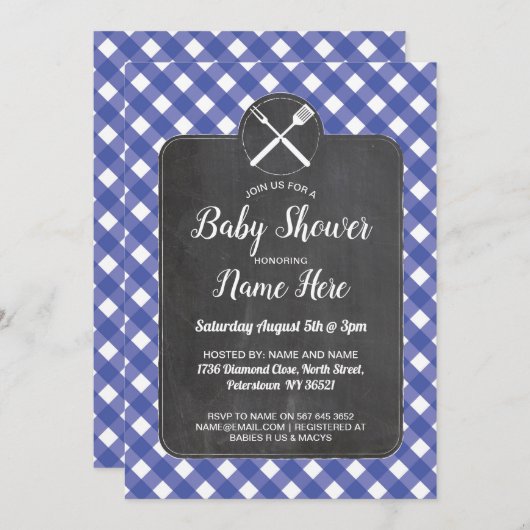 baby shower nodigt Blue Gingham Chalk BBQ Style ui Kaart (Voorkant / Achterkant)