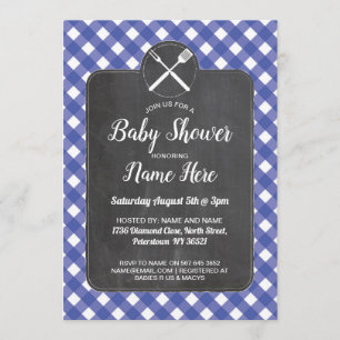 baby shower nodigt Blue Gingham Chalk BBQ Style ui Kaart