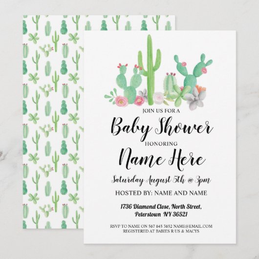 baby shower nodigt de Waterverf Cactus Print uit Kaart (Voorkant / Achterkant)