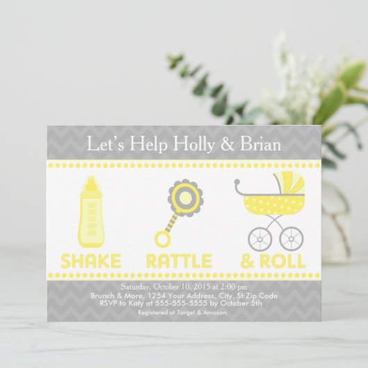 baby shower nodigt Geel uit - Schudden, Rattle & R Kaart (Staand voorkant)