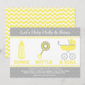 baby shower nodigt Geel uit - Schudden, Rattle & R Kaart (Voorkant / Achterkant)