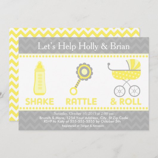 baby shower nodigt Geel uit - Schudden, Rattle & R Kaart (Voorkant / Achterkant)