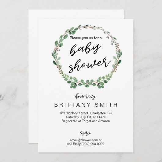 baby shower nodigt Greenery Wreath uit Kaart (Voorkant / Achterkant)