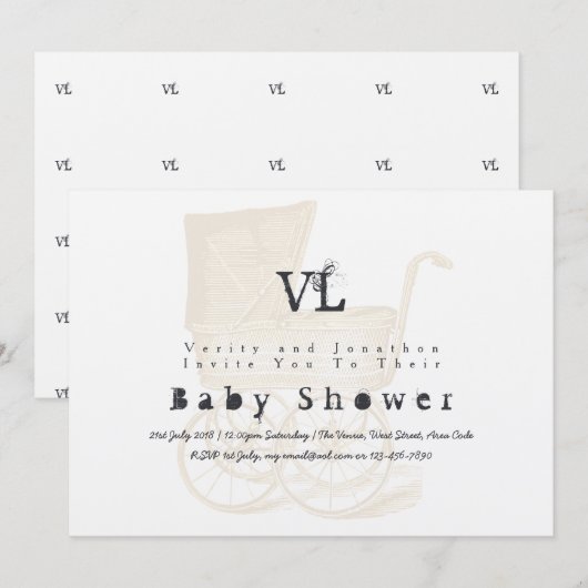  Baby shower nodigt Kraft Pram Gold uit Kaart (Voorkant / Achterkant)