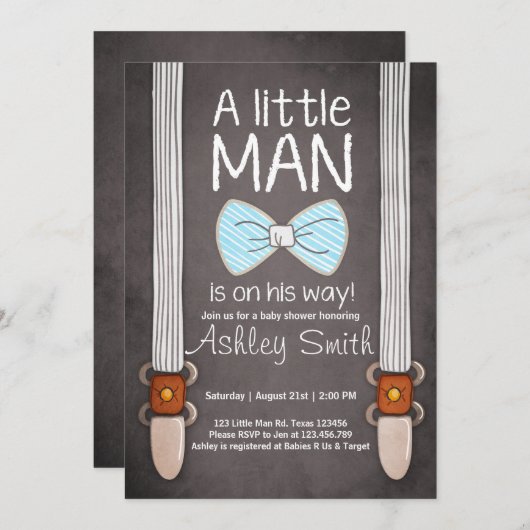 baby shower nodigt Little Man Bow stropdas Blue br Kaart (Voorkant / Achterkant)