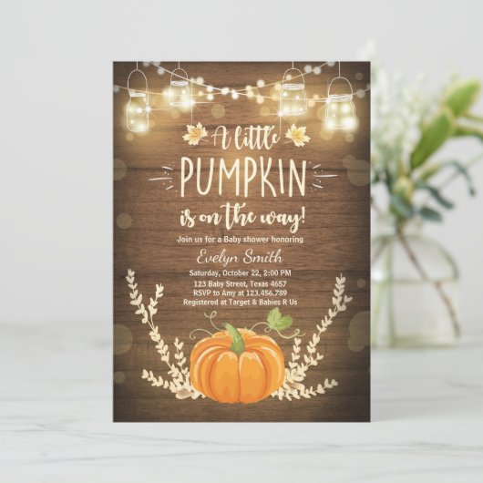 Baby shower nodigt Little Pumpkin Herfst wood rust Kaart (Staand voorkant)