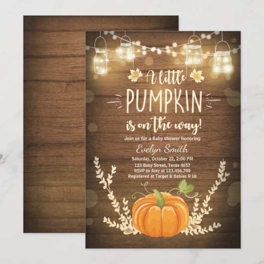 Baby shower nodigt Little Pumpkin Herfst wood rust Kaart (Voorkant / Achterkant)